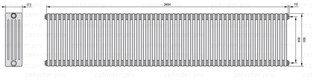 Схема (чертеж) Радиатор Zehnder Charleston 5090/54 №7610 Белый глянцевый RAL 9016